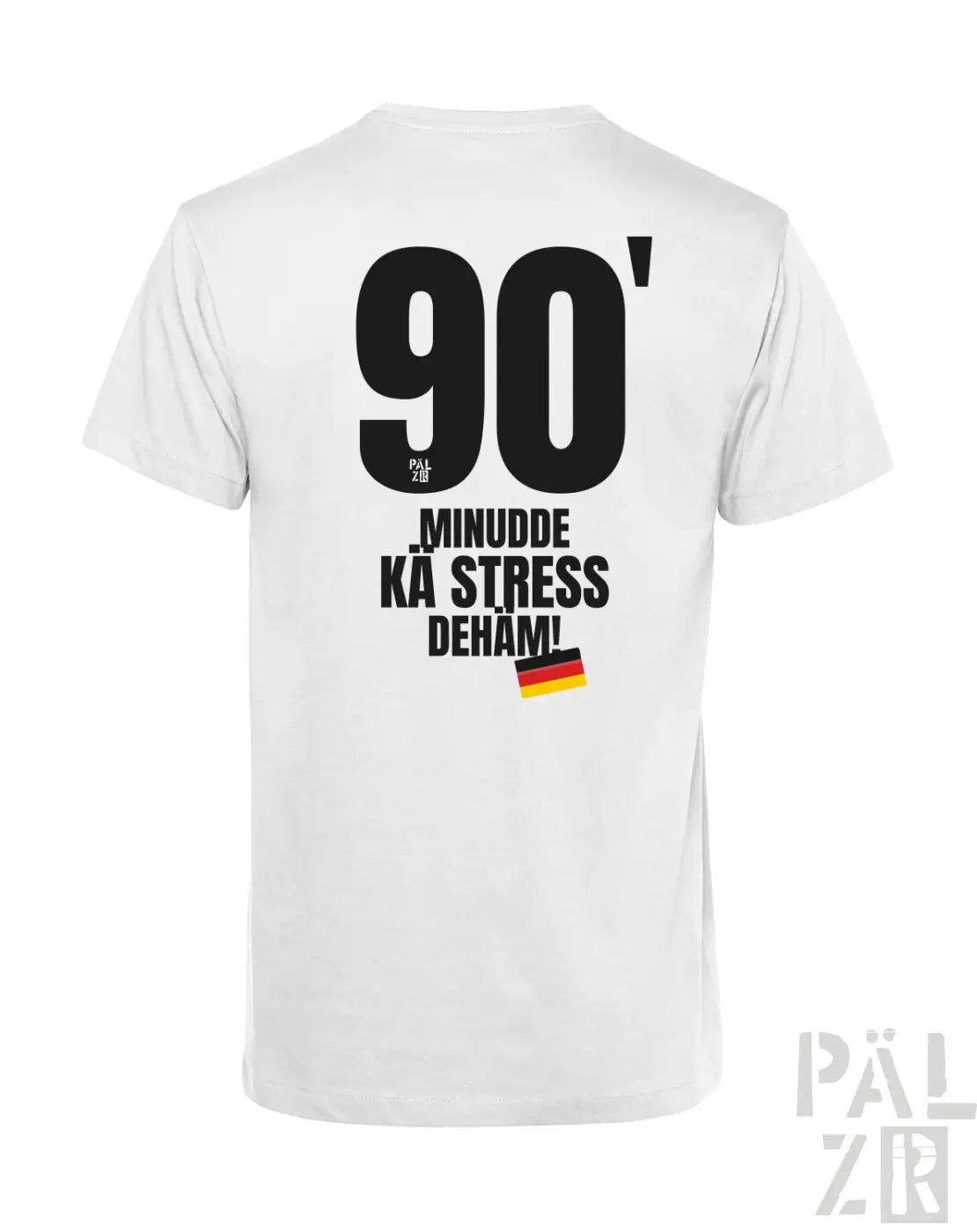 Weißes baumwoll männer backprint t-shirt wm2026 mit schwarzem 90 minutde kä stress dehäm grafik und deutscher flagge