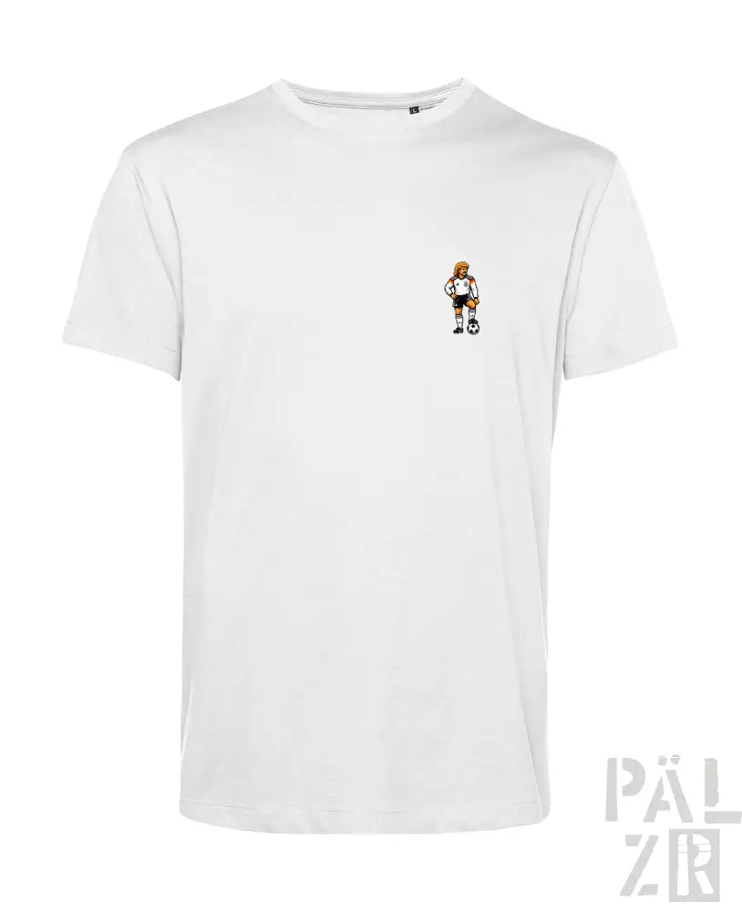Weißes männer t-shirt aus baumwolle mit kleinem gesticktem fußballspieler vorn links wm2026 design