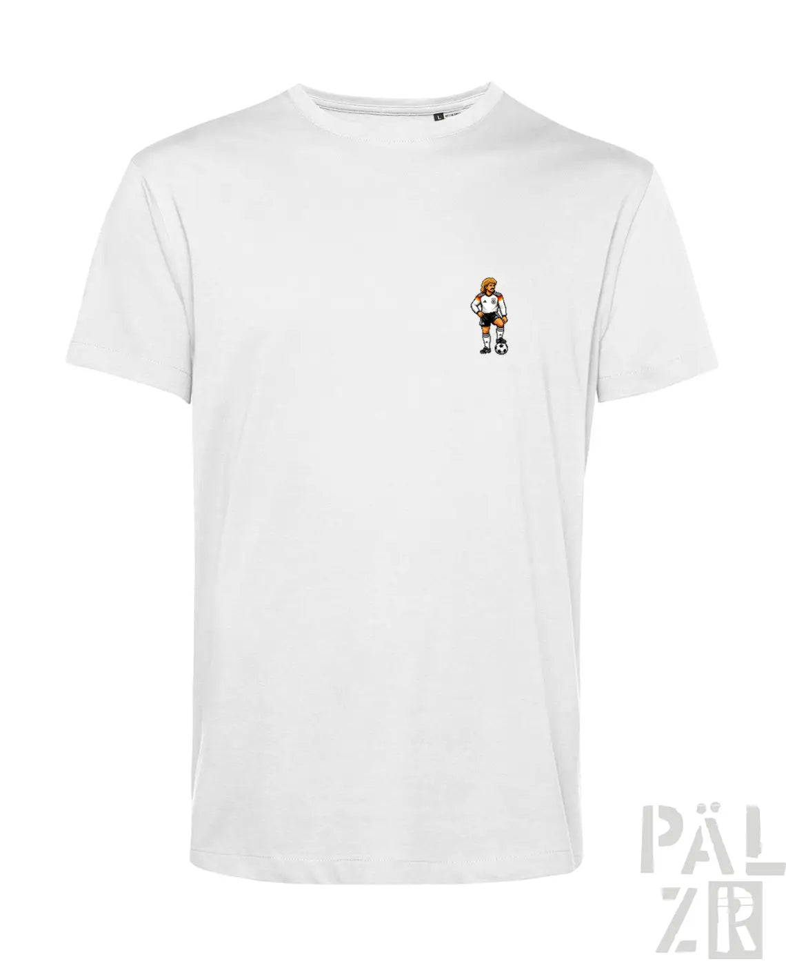 Weißes männer t-shirt aus baumwolle mit kleinem gesticktem fußballspieler vorn links wm2026 design