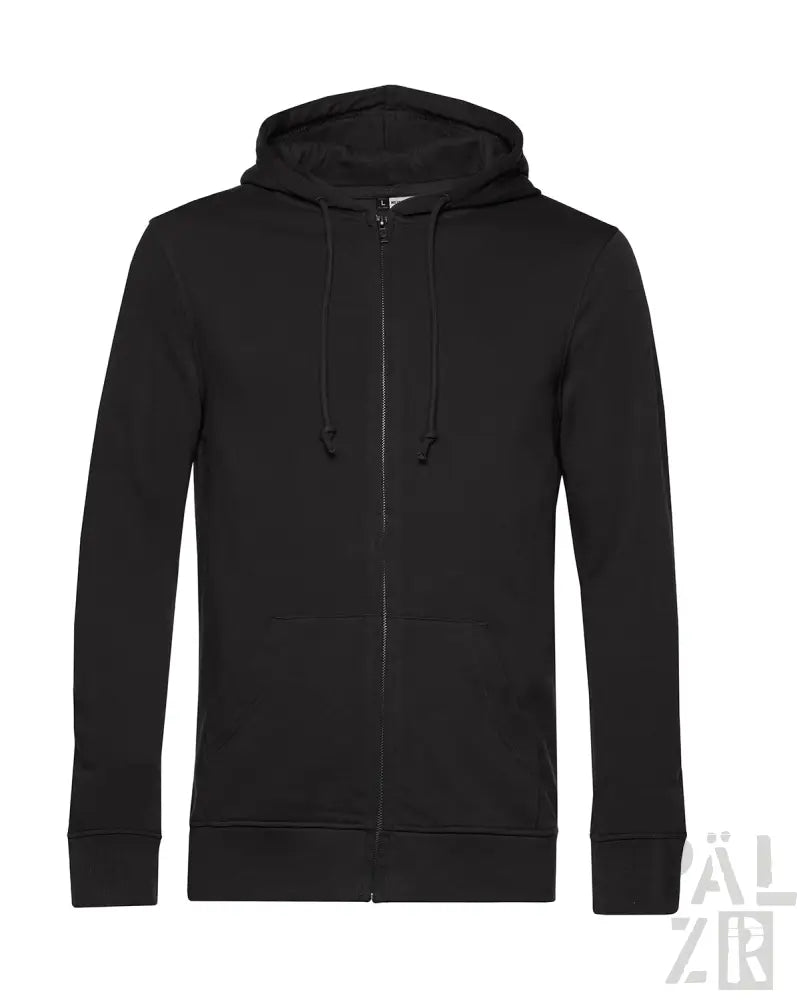 Schwarze Kapuzenjacke mit Reißverschluss, Kordelkapuze und gerippte Bündchen, aus Baumwollmischgewebe.