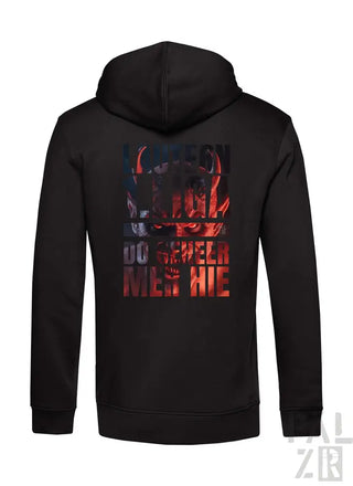 Schwarzes Kapuzen-Sweatshirt mit Reißverschluss, Grafikdesign und Text auf dem Rücken.