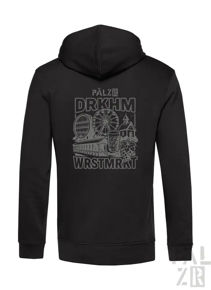 Schwarze Kapuzenjacke mit Grafikdesign, das ein Riesenrad und einen Zug zeigt, aus Baumwolle gefertigt.