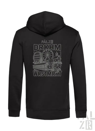Schwarze Kapuzenjacke mit Grafikdesign, das ein Riesenrad und einen Zug zeigt, aus Baumwolle gefertigt.