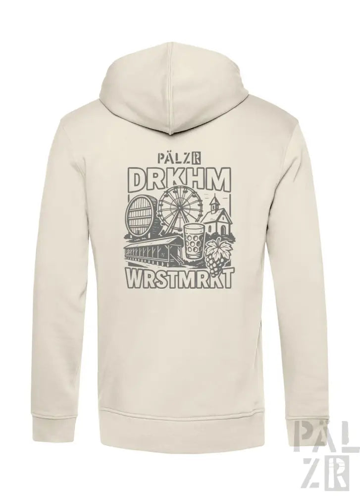 Cremeweiße Kapuzenjacke mit Grafikdesign, das eine Jahrmarktszene und schwarzen Text zeigt, aus Baumwolle.