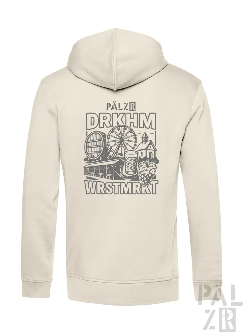 Cremeweiße Kapuzenjacke mit Grafikdesign, das eine Jahrmarktszene und schwarzen Text zeigt, aus Baumwolle.