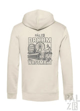 Cremeweiße Kapuzenjacke mit Grafikdesign, das eine Jahrmarktszene und schwarzen Text zeigt, aus Baumwolle.