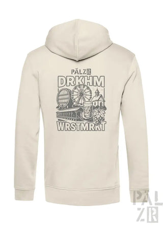 Cremeweiße Kapuzenjacke mit Grafikdesign, das eine Jahrmarktszene und schwarzen Text zeigt, aus Baumwolle.