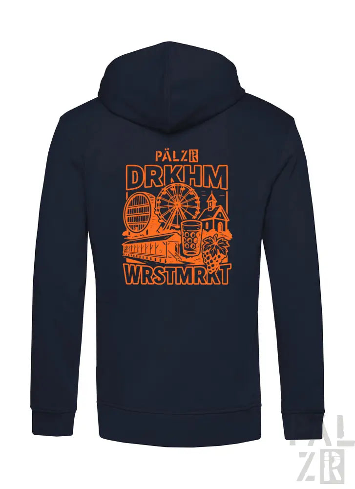 Marineblaue Kapuzenjacke mit orange- und weißem Grafikdesign, das ein Riesenrad, eine Schloss-Silhouette und Text zeigt.