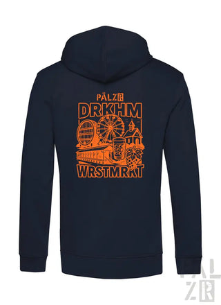 Marineblaue Kapuzenjacke mit orange- und weißem Grafikdesign, das ein Riesenrad, eine Schloss-Silhouette und Text zeigt.