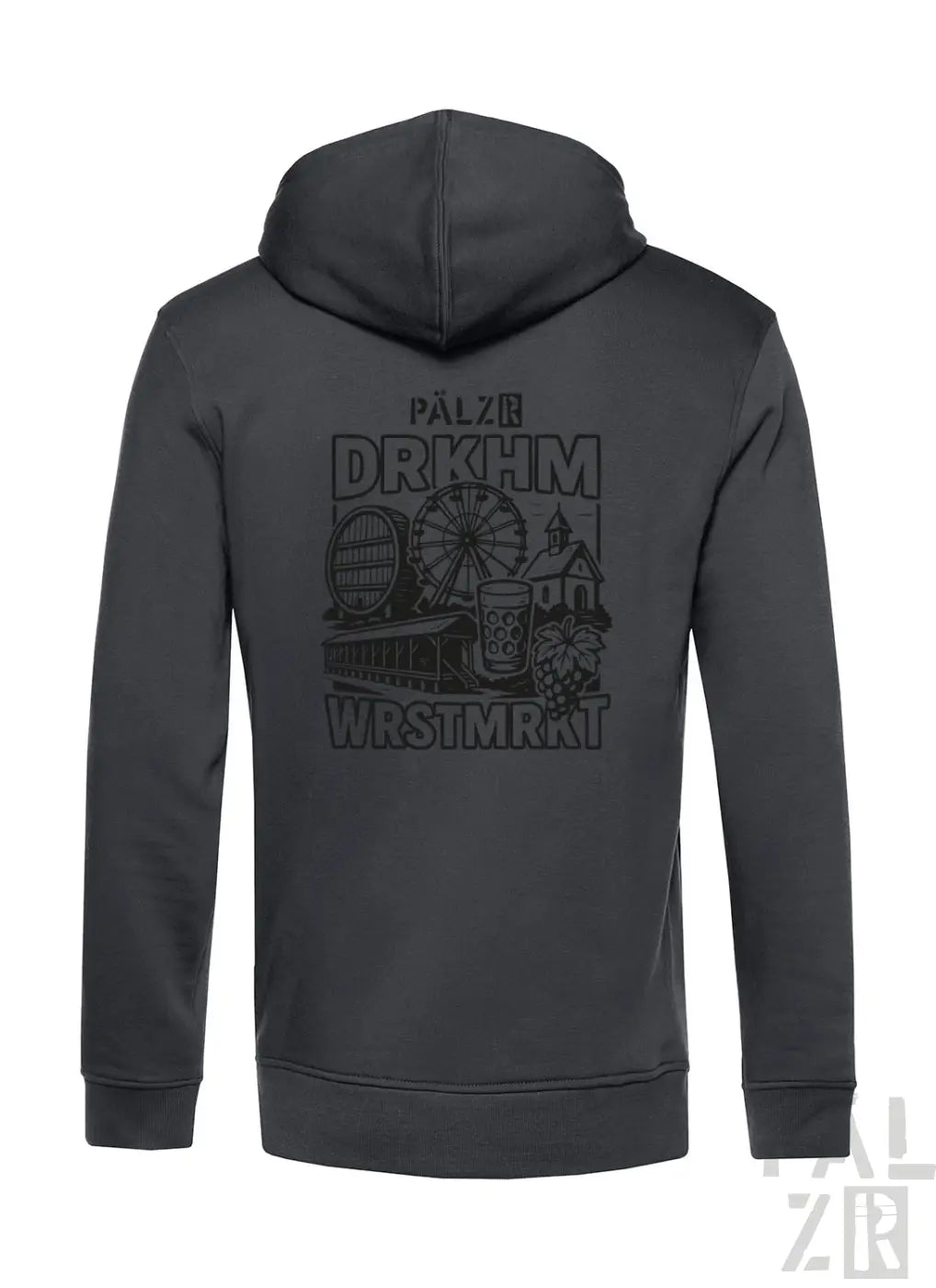 Anthrazitfarbene Kapuzenjacke mit Grafikdesign, das ein Riesenrad und andere Vergnügungspark-Elemente zeigt, aus weicher Baumwollmischung.