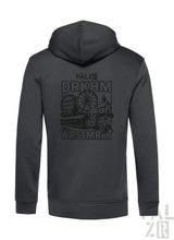 Anthrazitfarbene Kapuzenjacke mit Grafikdesign, das ein Riesenrad und andere Vergnügungspark-Elemente zeigt, aus weicher Baumwollmischung.