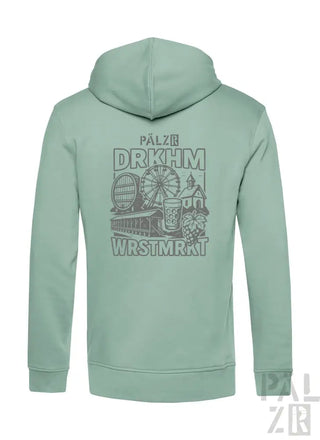 Minzgrüner Hoodie mit Grafikdesign, das eine Jahrmarktszene und Hopfen zeigt, aus weichem Baumwollstoff.