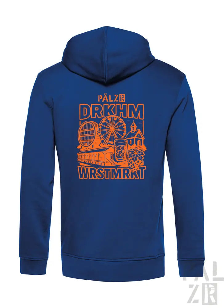 Königsblaues Hoodie mit orangefarbenem Grafikdesign, das Wahrzeichen und Text zeigt.