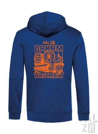 Königsblaues Hoodie mit orangefarbenem Grafikdesign, das Wahrzeichen und Text zeigt.