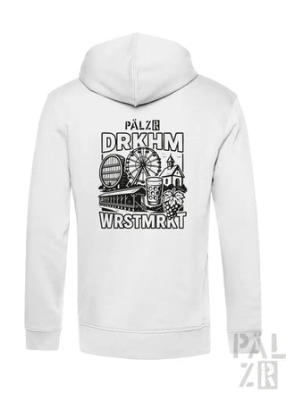 Weißes Hoodie mit schwarzem Grafikdesign, das ein Riesenrad, ein Bierkrug und Festival-Elemente zeigt.