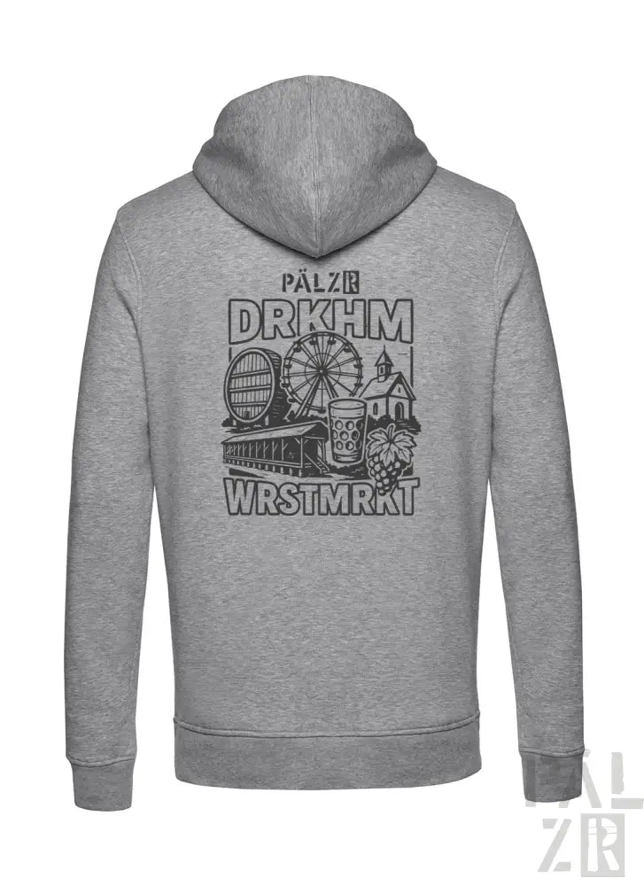Grauer Hoodie mit Grafikdesign, das Elemente eines Vergnügungsparks und Text zeigt.