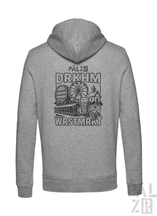 Grauer Hoodie mit Grafikdesign, das Elemente eines Vergnügungsparks und Text zeigt.