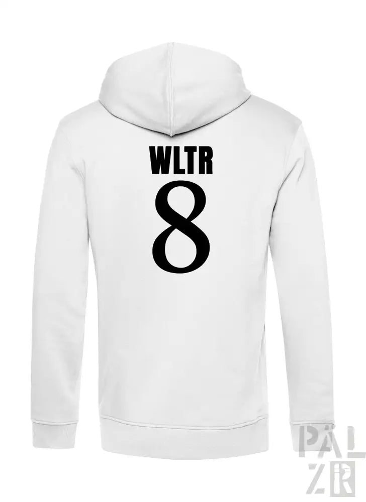 Weiße Hoodie mit ’wltr 8’’-Design auf dem Rücken.