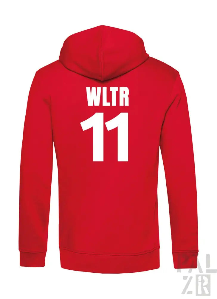 Rote Kapuzenjacke mit weißem „wltr 11“-Design auf dem Rücken, aus Baumwolle gefertigt.
