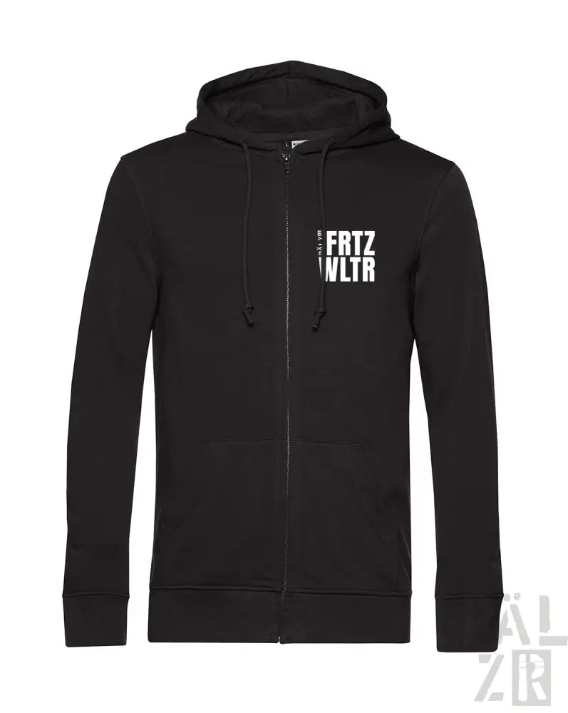 Schwarze Kapuzenjacke mit Reißverschluss und weißem Text-Design, wahrscheinlich aus Baumwolle oder Polyester-Mischung gefertigt.