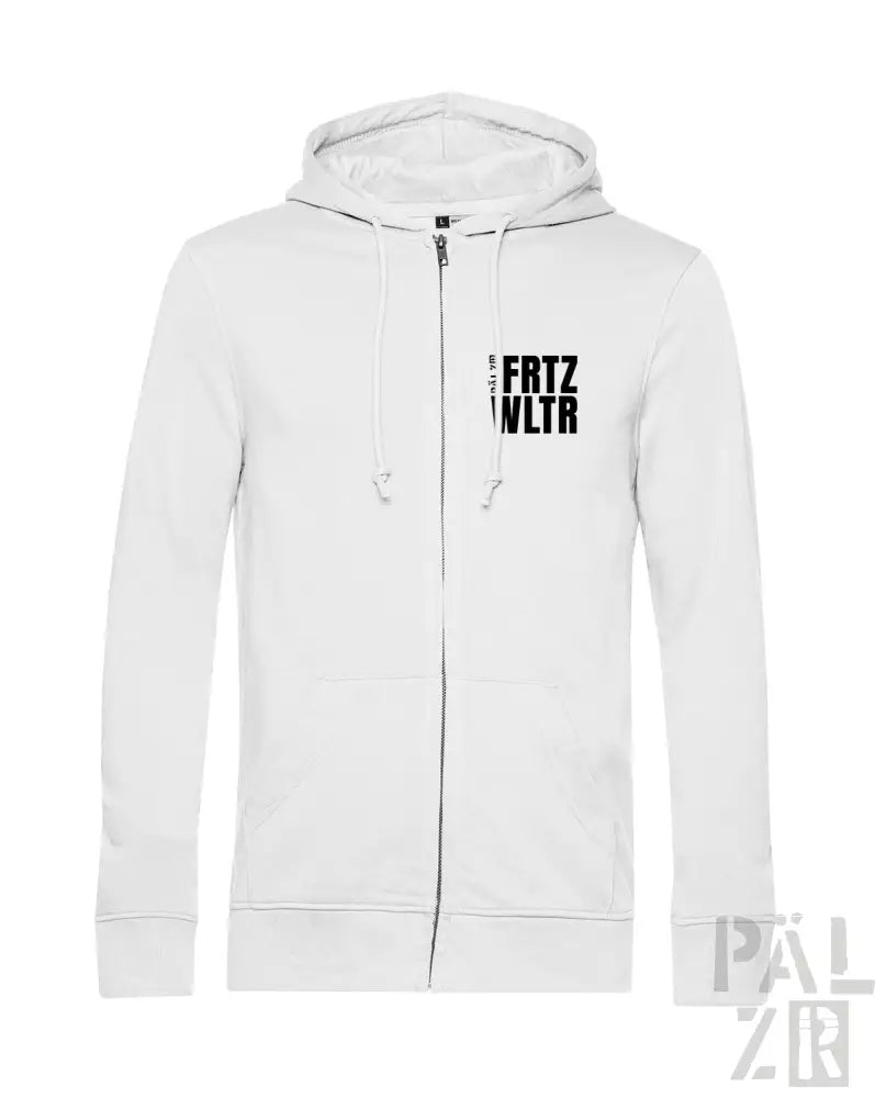 Weiße Kapuzenjacke mit Reißverschluss und schwarzem Textdesign mit ’fritz wltra’ auf der Vorderseite.