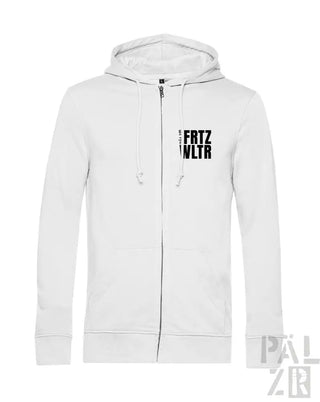 Weiße Kapuzenjacke mit Reißverschluss und schwarzem Textdesign mit ’fritz wltra’ auf der Vorderseite.