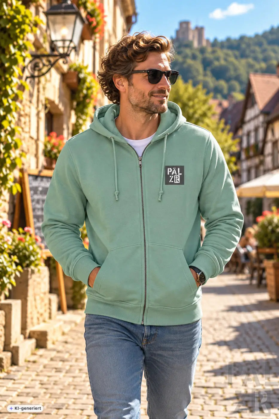 Männer zip-up hoodie in hellgrün mit schwarzem rechteckigem logo und passenden kordeln aus verschiedenen farben