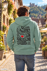 Mintgrüner herrenzipper mit schwarzem pfalz-design und rotem herz auf der rückseite in verschiedenen farben