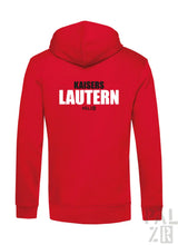 Roter kapuzenpullover mit weißem und schwarzem kaisers lautern schriftzug auf der rückseite männer backprint zipper
