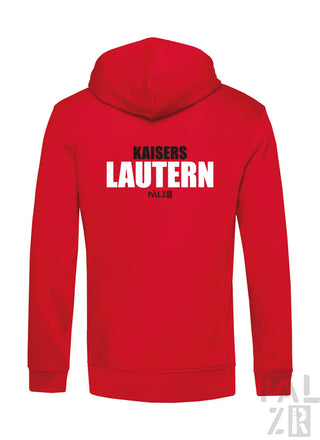 Roter kapuzenpullover mit weißem und schwarzem kaisers lautern schriftzug auf der rückseite männer backprint zipper