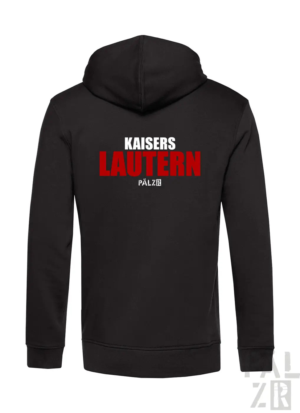 Männer backprint zipper schwarzer hoodie mit rotem und weißem kaiers lautern pälz grafik auf der rückseite