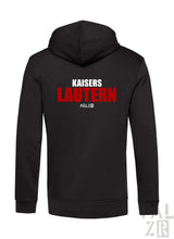 Männer backprint zipper schwarzer hoodie mit rotem und weißem kaiers lautern pälz grafik auf der rückseite