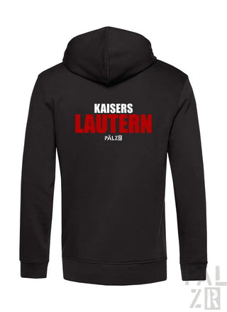 Männer backprint zipper schwarzer hoodie mit rotem und weißem kaiers lautern pälz grafik auf der rückseite
