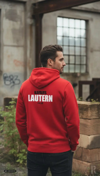 Rückansicht eines roten kapuzenzipper sweatshirts mit weißem kaisers lautern schriftzug auf dem rücken