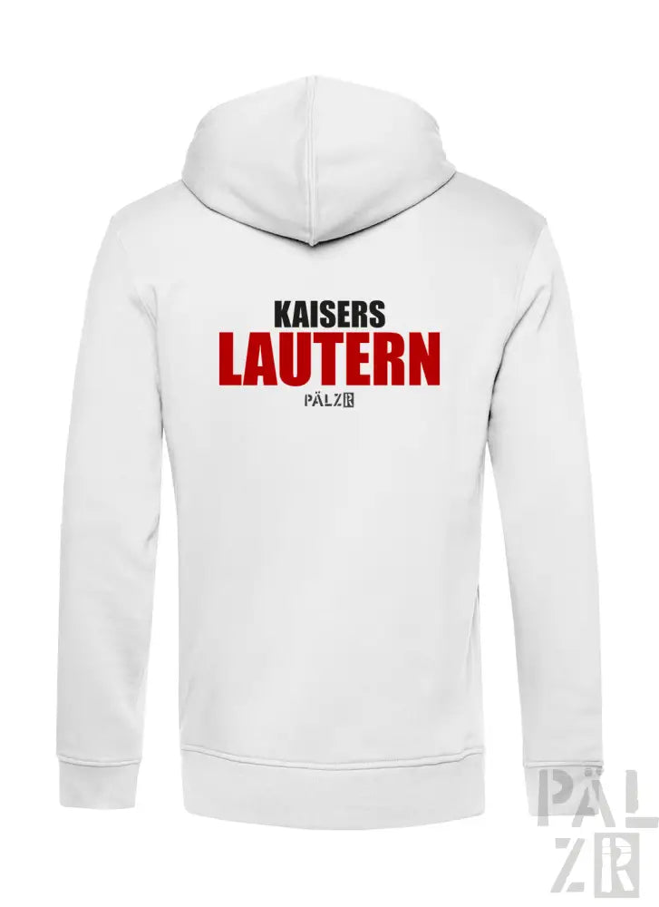 Weiße Kapuzenjacke mit ’kaisers lautern’ Text in Rot und Schwarz, mit Kapuze.