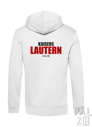Weiße Kapuzenjacke mit ’kaisers lautern’ Text in Rot und Schwarz, mit Kapuze.