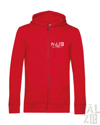 Roter Reißverschluss-Hoodie mit ’palzir litjre’-Logo auf der Brust, aus Baumwoll-Polyester-Mischung.