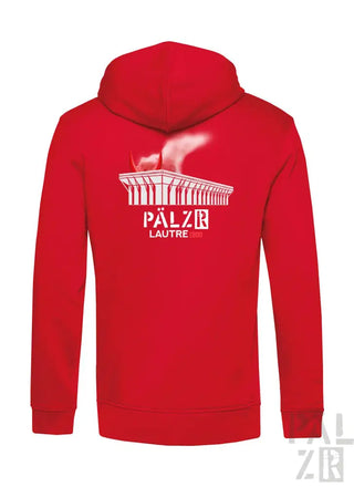 Rotes Hoodie mit weißem Grafikdesign, das die Silhouette einer Fabrik und den Text „pälzr lautre“ auf dem Rücken zeigt.