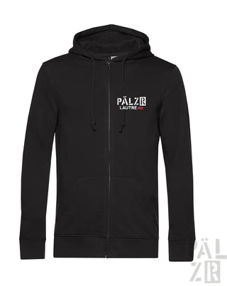 Schwarze Kapuzenjacke mit Reißverschluss und ’pälzer lautne’ Logo auf der Brust.
