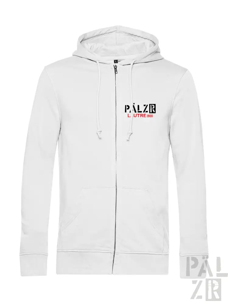 Weiße Kapuzenjacke mit Reißverschluss, ’palzie’-Logo und roten Akzenten.