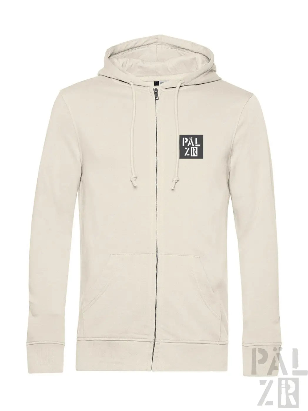 Creme-Farbfarbene Kapuzenjacke mit Reißverschluss, schwarzem Logo und Kordelzügen.