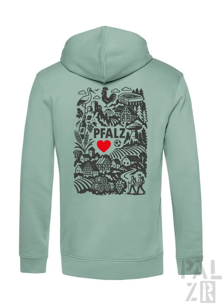 Minzgrüner Hoodie mit schwarzem und rotem Design, das den Text ’pfalz’, ein Herzsymbol und verschiedene Illustrationen zeigt.