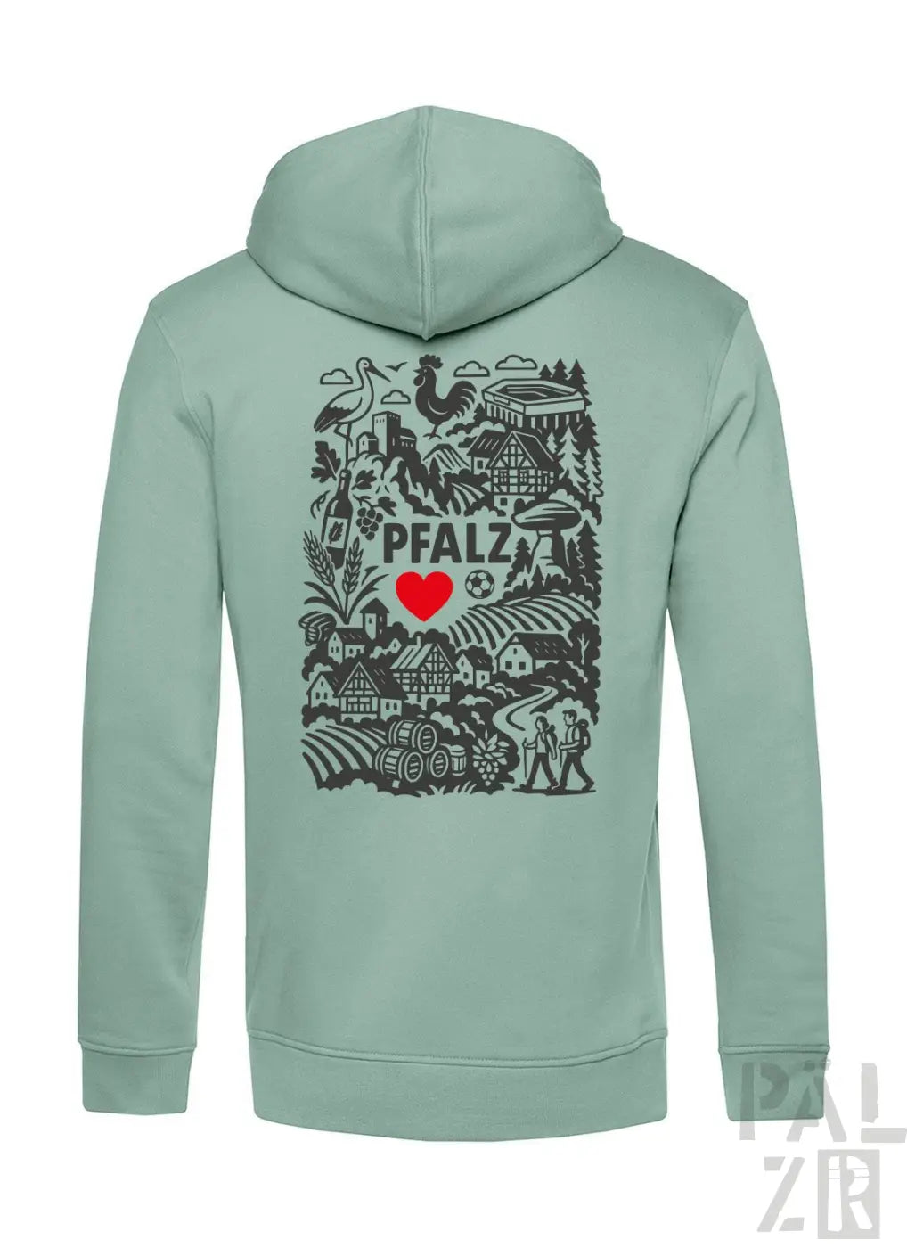 Minzgrüner Hoodie mit schwarzem und rotem Design, das den Text ’pfalz’, ein Herzsymbol und verschiedene Illustrationen zeigt.