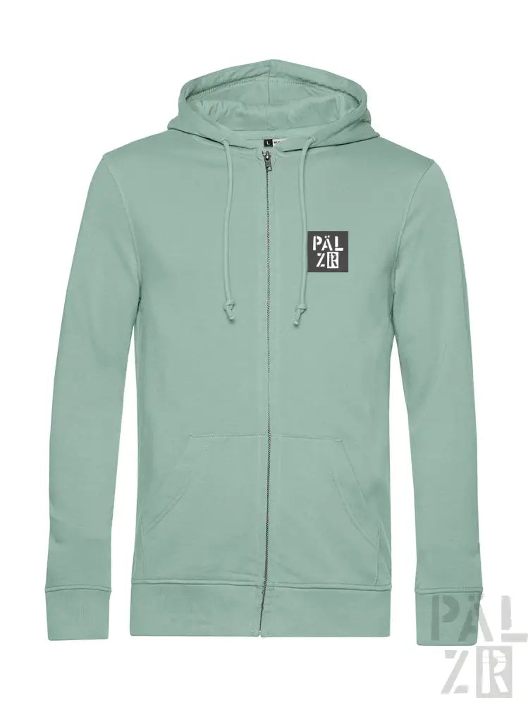 Mintgrüner Kapuzenpulli mit Reißverschluss und ’palzie’-Logo auf der Brust.