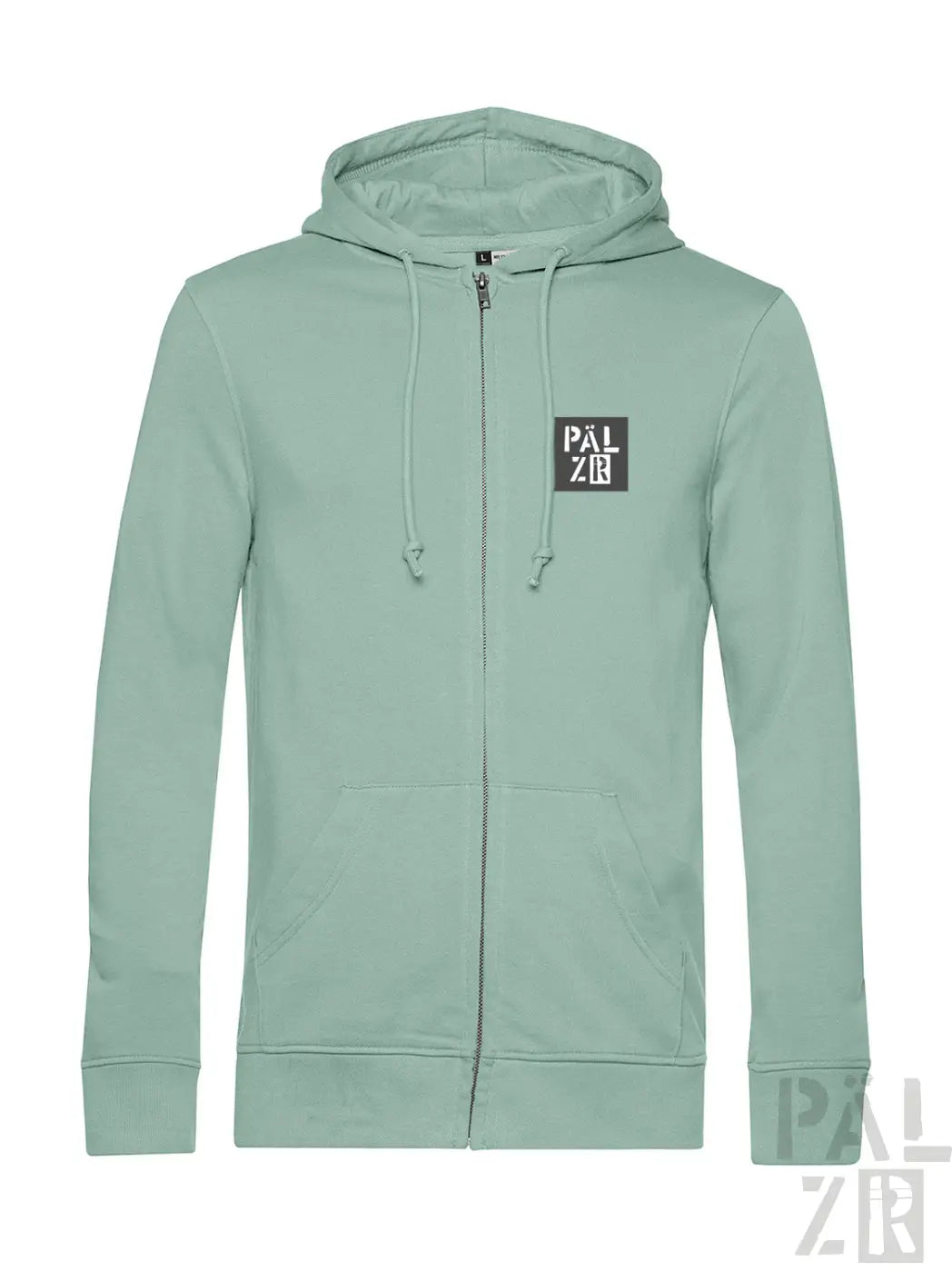 Mintgrüner Kapuzenpulli mit Reißverschluss und ’palzie’-Logo auf der Brust.