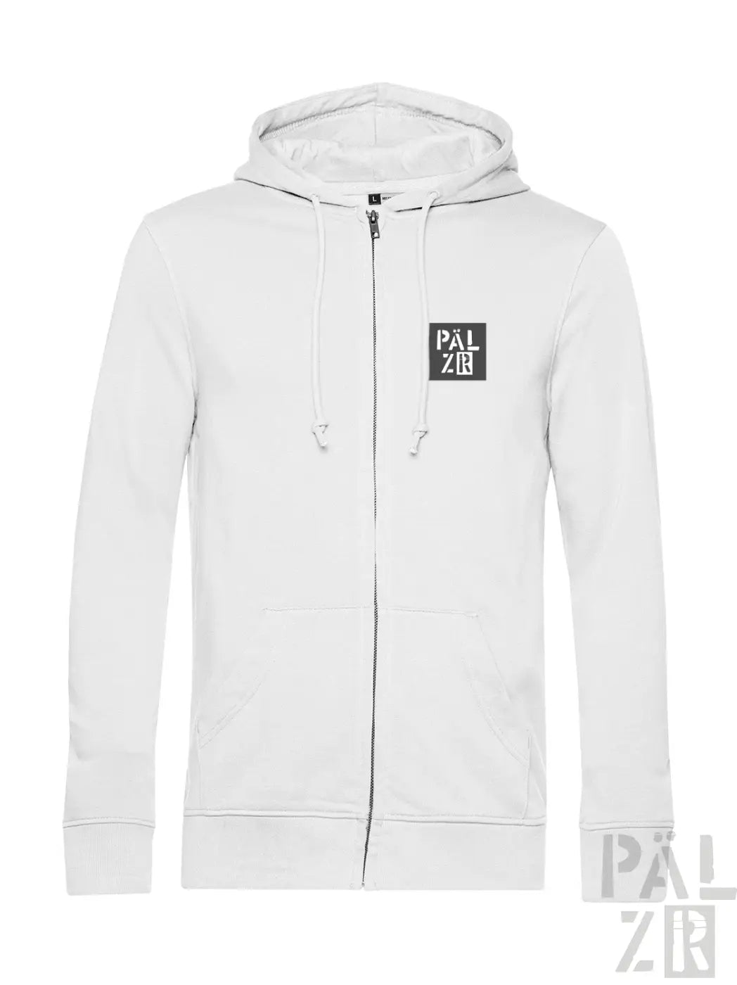 Weiße Kapuzenjacke mit Reißverschluss, schwarzem Logo und Kordelzügen.