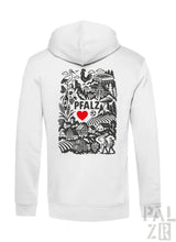 Weißes Hoodie mit schwarz-roter Design mit dem Text ’pfalz’.