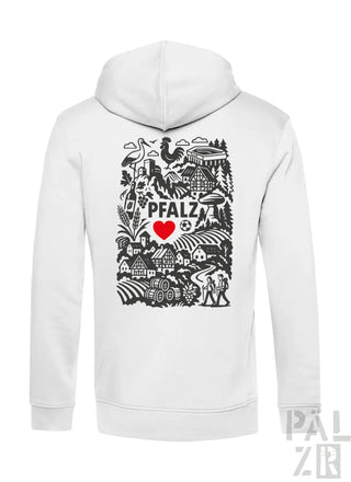Weißes Hoodie mit schwarz-roter Design mit dem Text ’pfalz’.