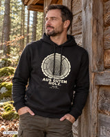 Schwarzer männer hoodie mit cremefarbenem holzmaserung design und aus gutem holz palz original schriftzug