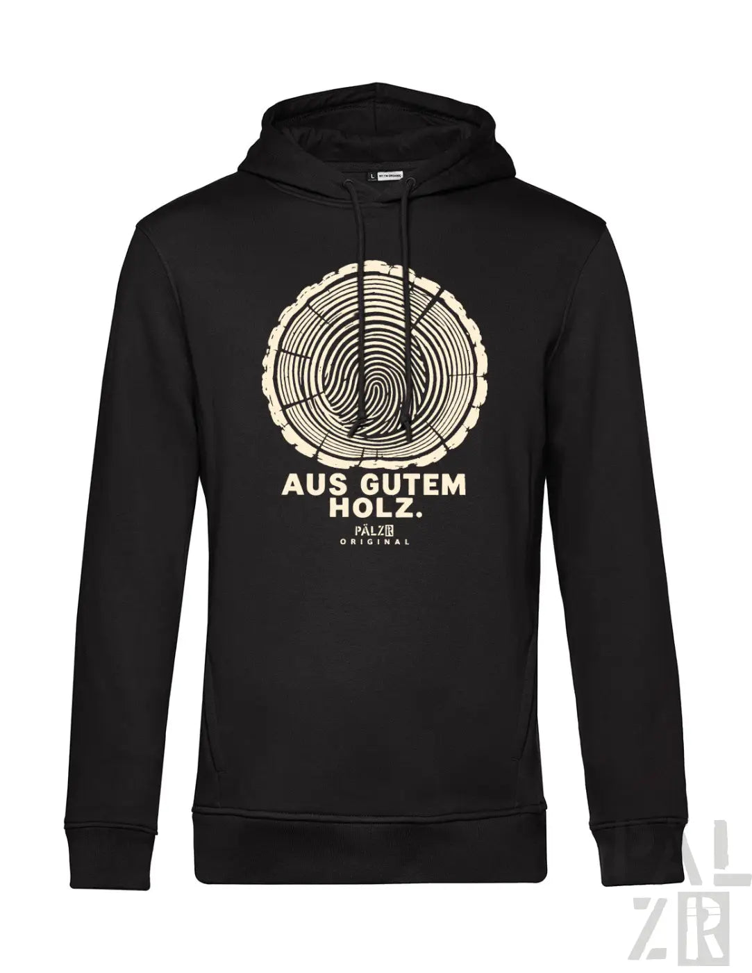 Schwarzer männer hoodie mit cremefarbenem baumringmotiv und text aus gutem holz palzib original bedruckt